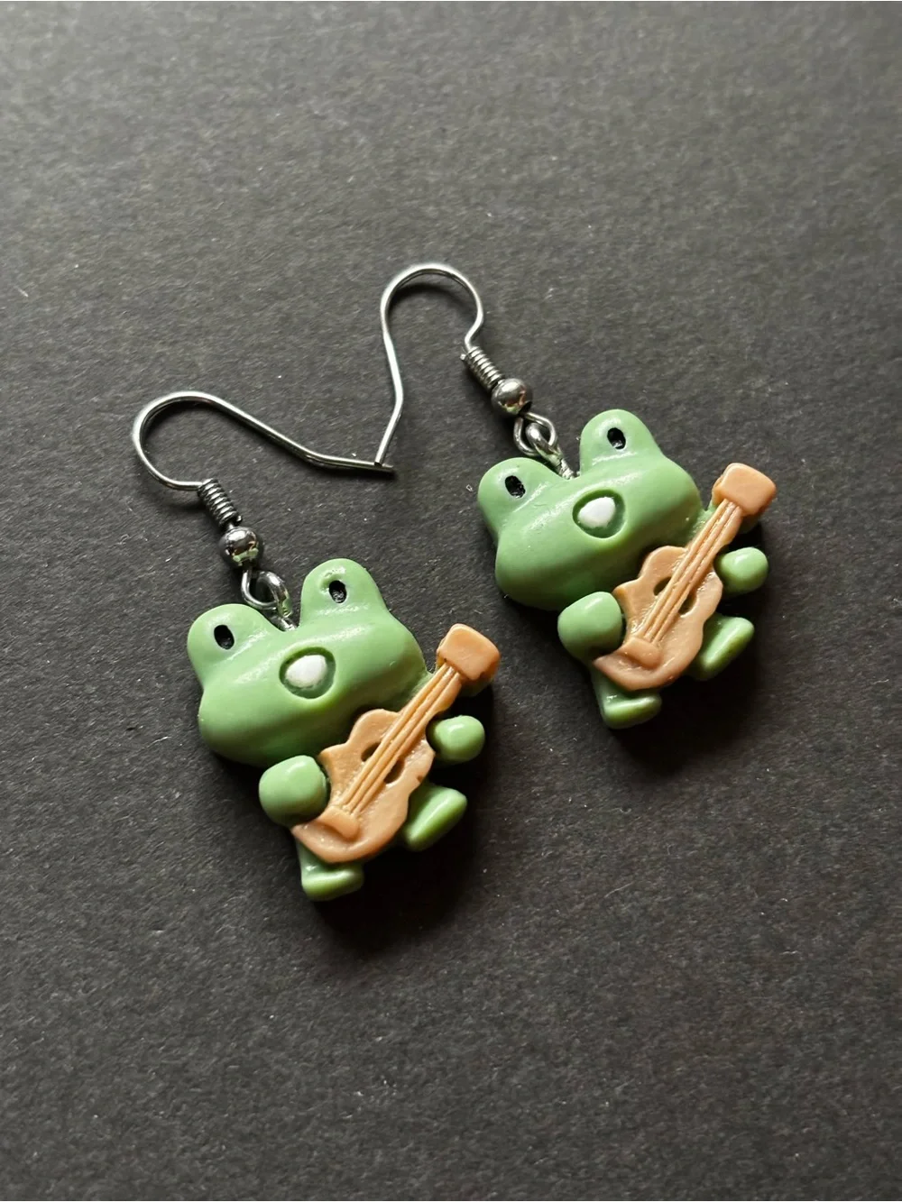 Green Frog Guitar Dangle Earrings | Cute Kawaii Kids